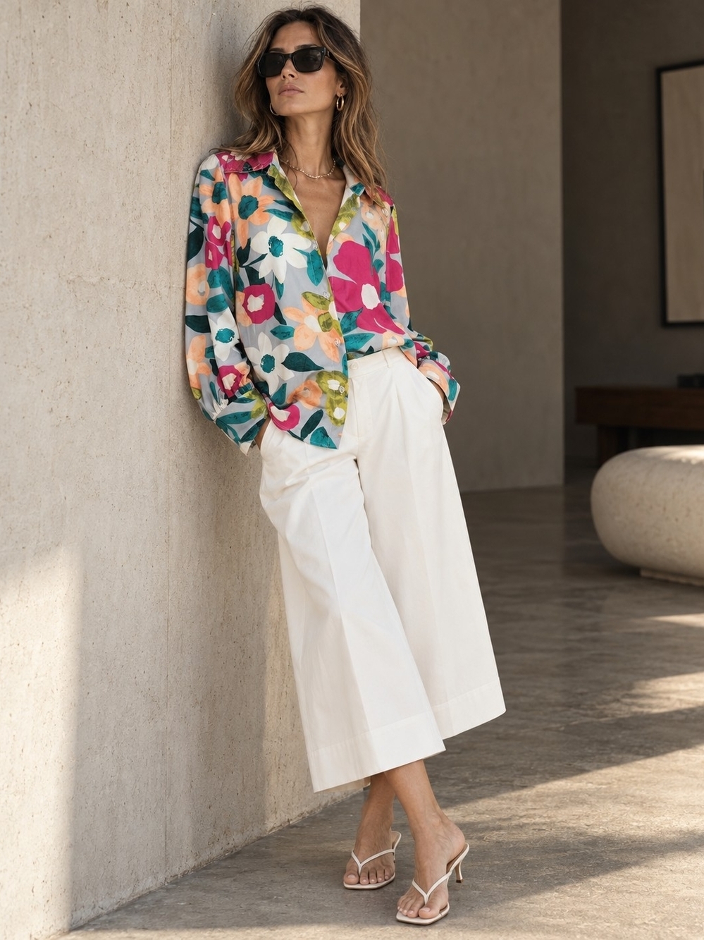 Bold Floral Button-Down Blouse Size M Watercolor Statement Top